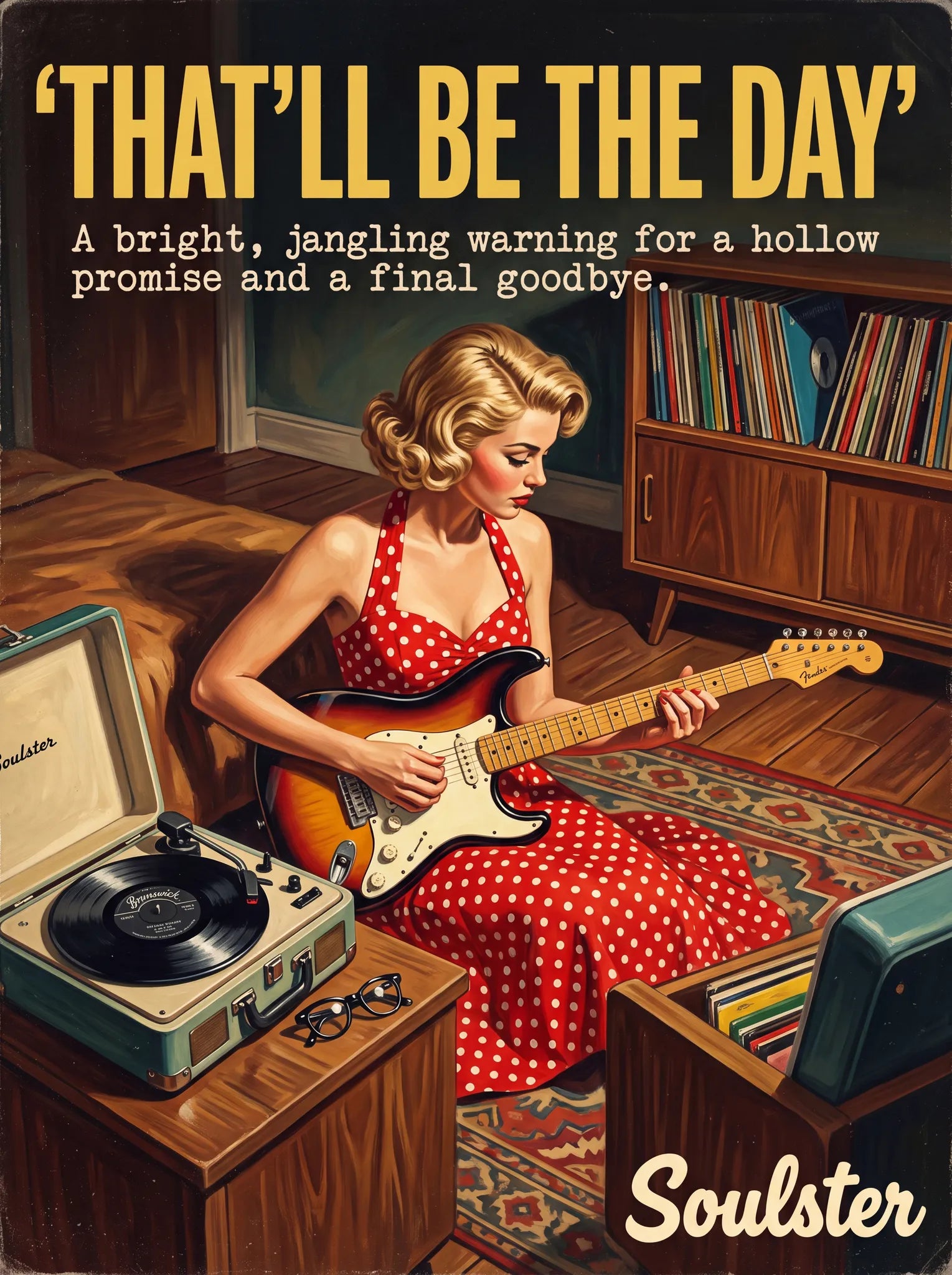 Cinematic pulp book cover style art print inspired by Buddy Holly - That'll Be The Day typography design layout.