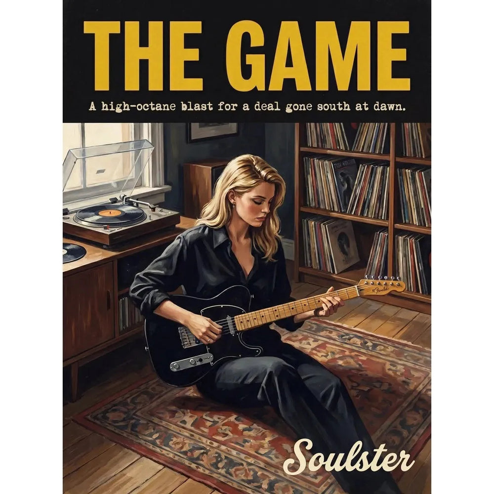 Cinematic pulp book cover style art print inspired by Echo & the Bunnymen - The Game typography design layout.