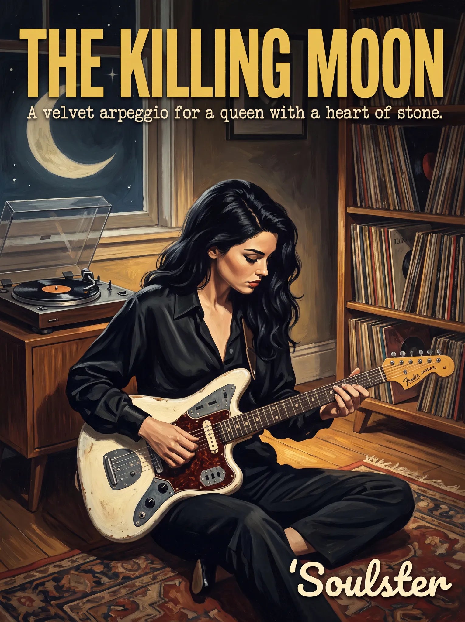 Cinematic pulp book cover style art print inspired by Echo & the Bunnymen - The Killing Moon typography design layout.