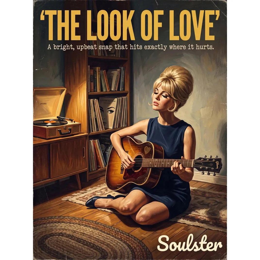 Cinematic pulp book cover style art print inspired by Dusty Springfield - The Look Of Love typography design layout.