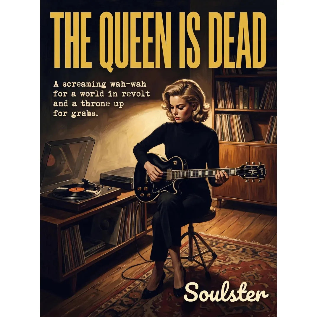 Cinematic pulp book cover style art print inspired by The Smiths - The Queen Is Dead typography design layout.