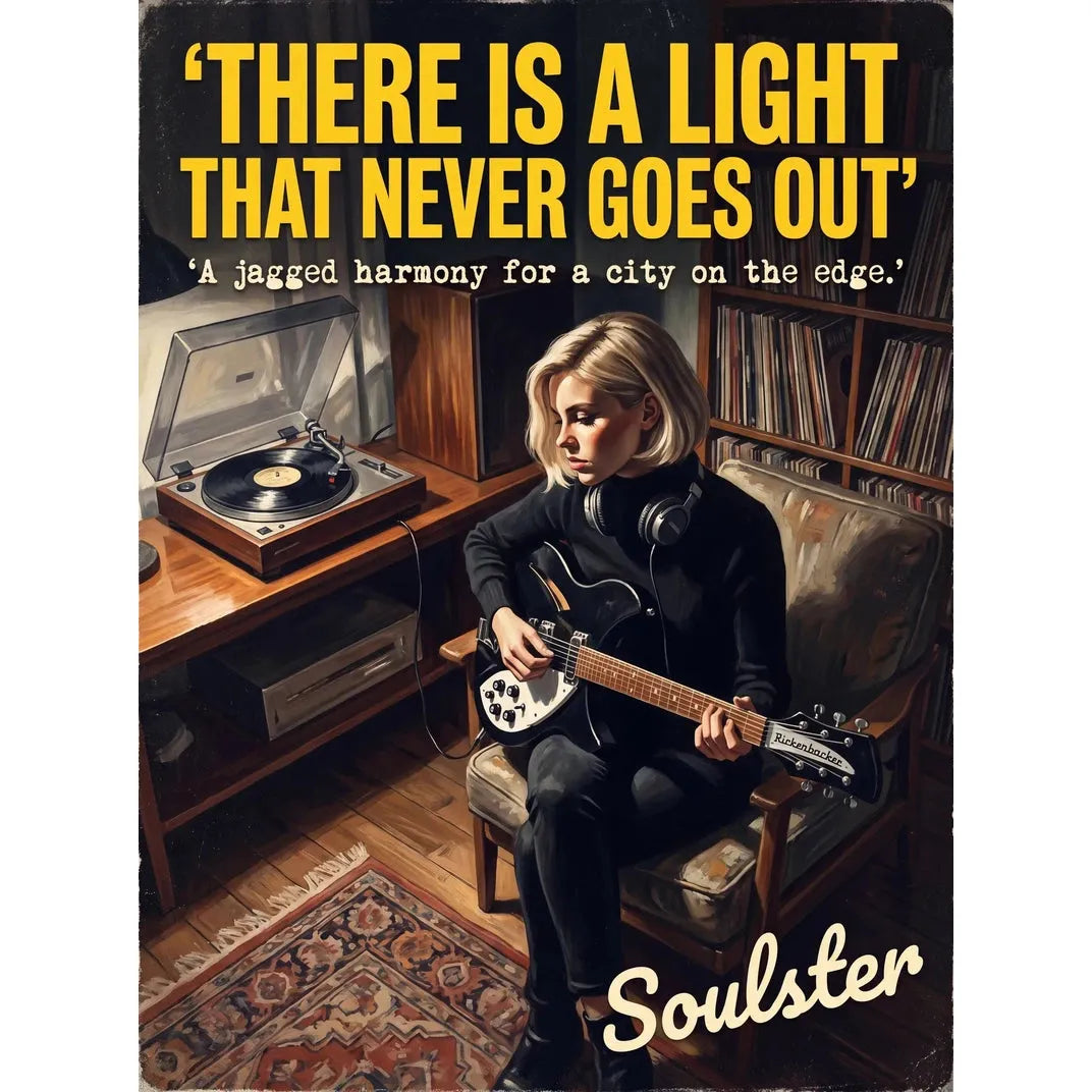 Cinematic pulp book cover style art print inspired by The Smiths - There Is A Light That Never Goes Out typography design layout.