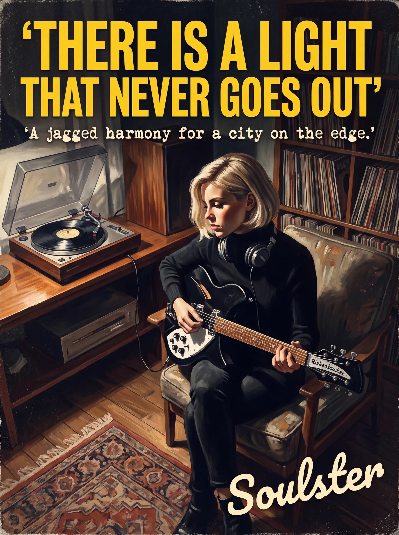 Cinematic pulp book cover style art print inspired by The Smiths - There Is A Light That Never Goes Out typography design layout.