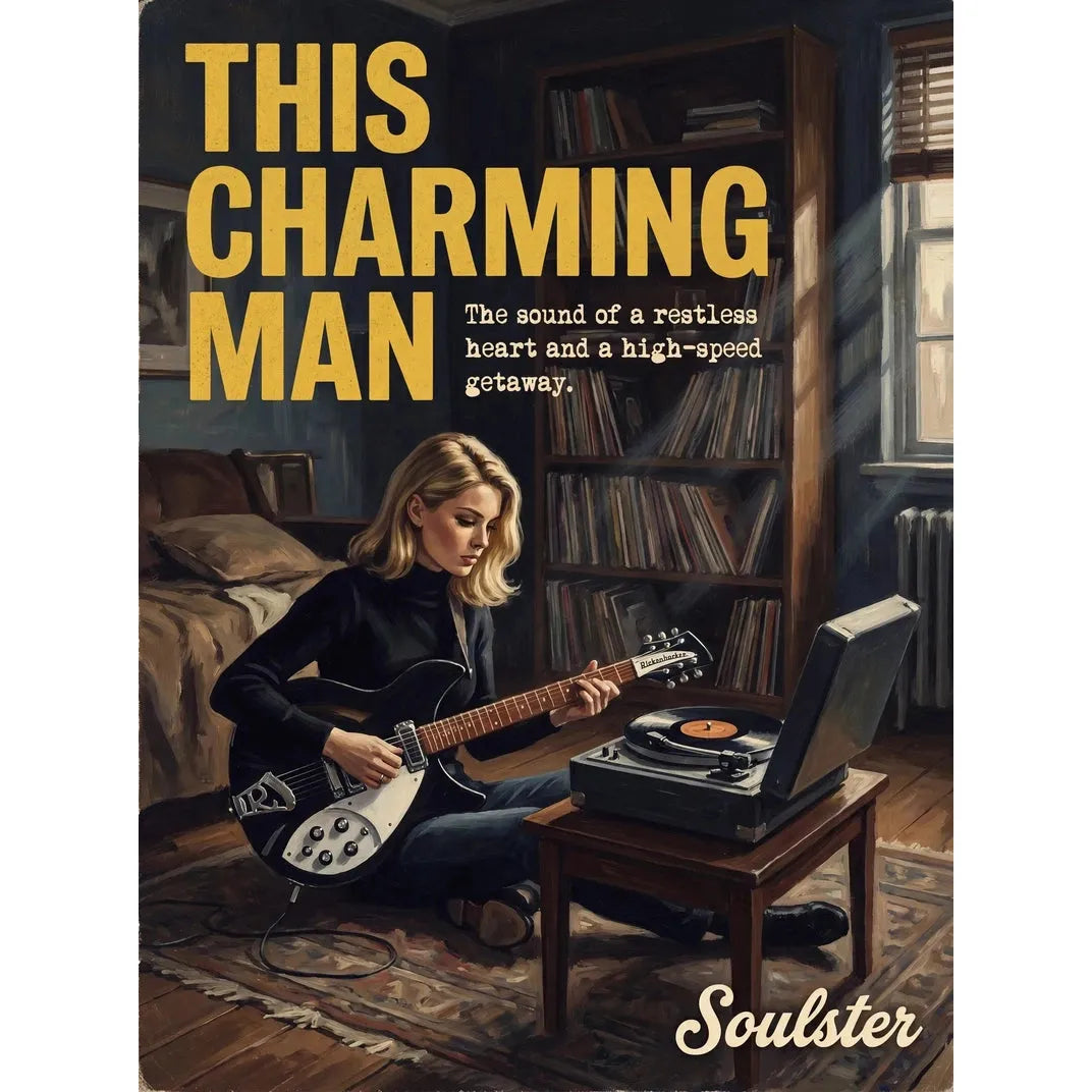 Cinematic pulp book cover style art print inspired by The Smiths - This Charming Man typography design layout.