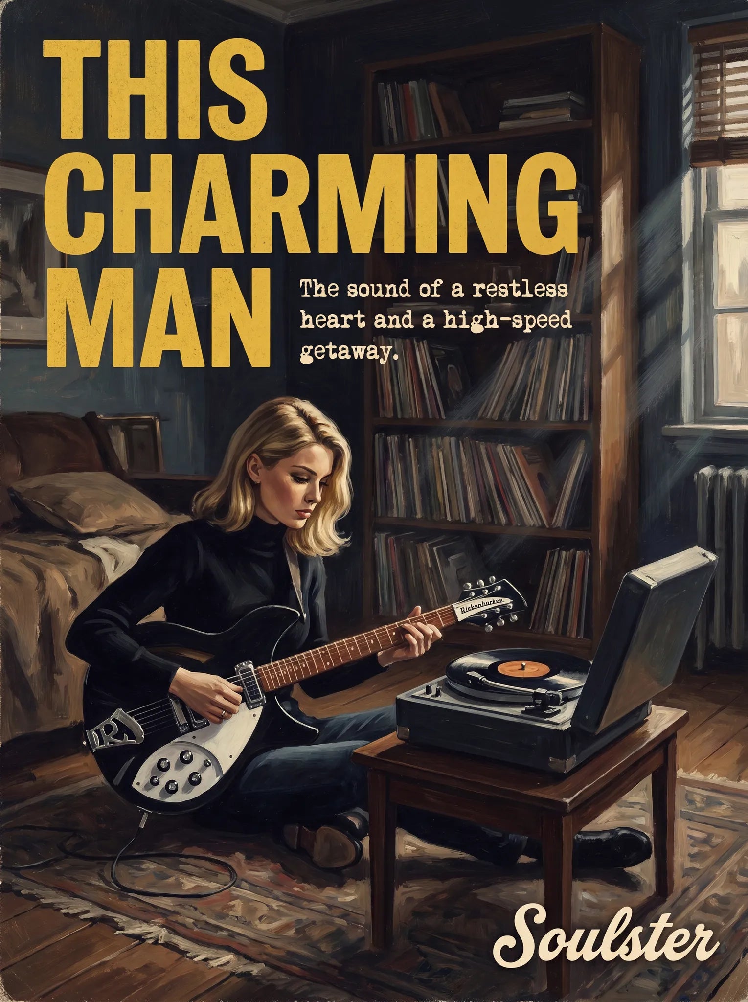 Cinematic pulp book cover style art print inspired by The Smiths - This Charming Man typography design layout.