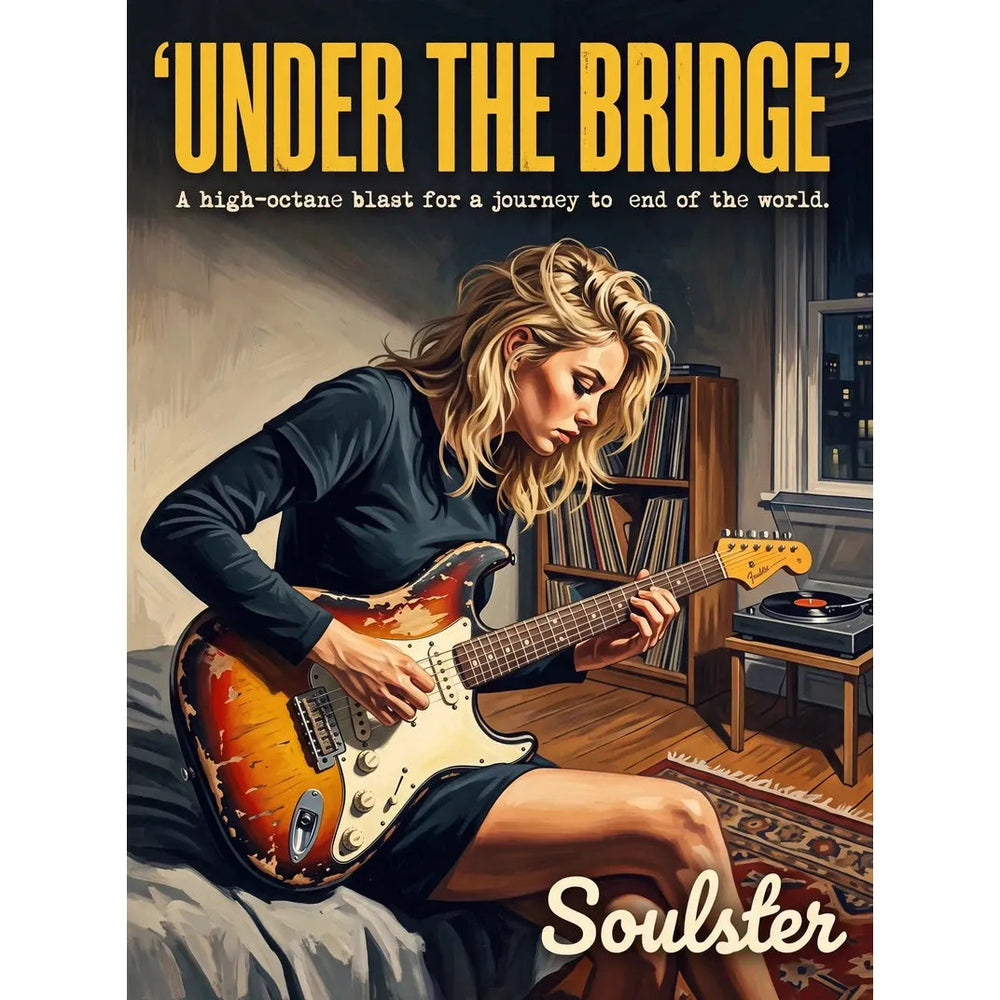 Cinematic pulp book cover style art print inspired by Red Hot Chilli Peppers - Under The Bridge typography design layout.