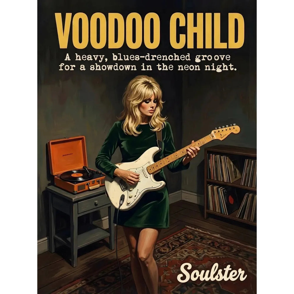 Cinematic pulp book cover style art print inspired by Jimi Hendrix - Voodoo Child typography design layout.
