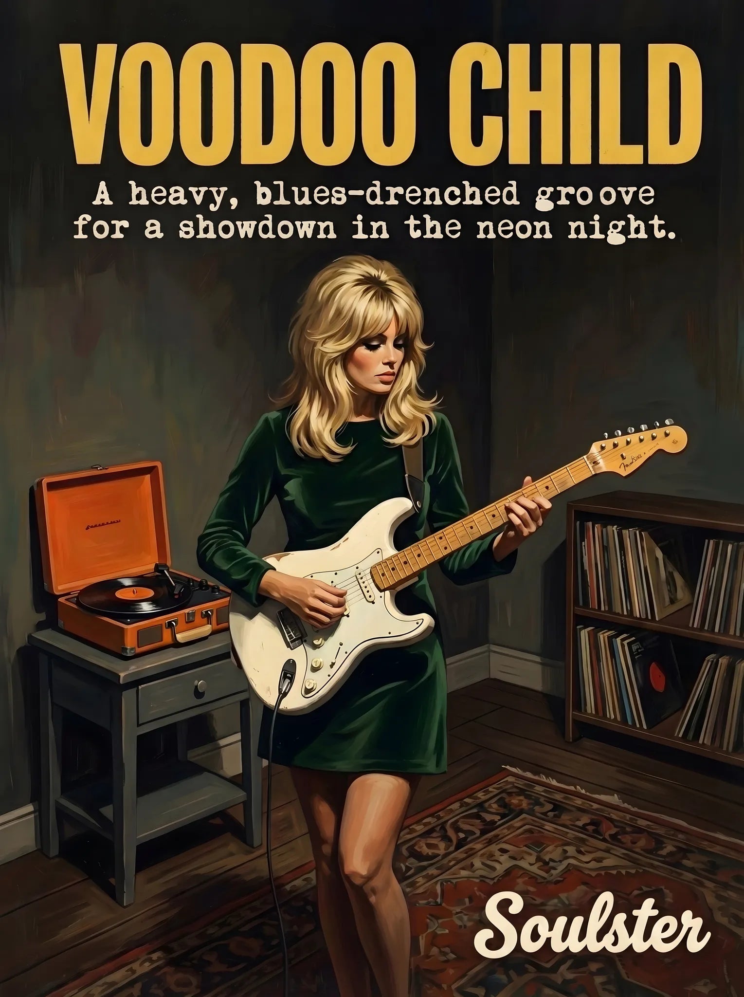 Cinematic pulp book cover style art print inspired by Jimi Hendrix - Voodoo Child typography design layout.