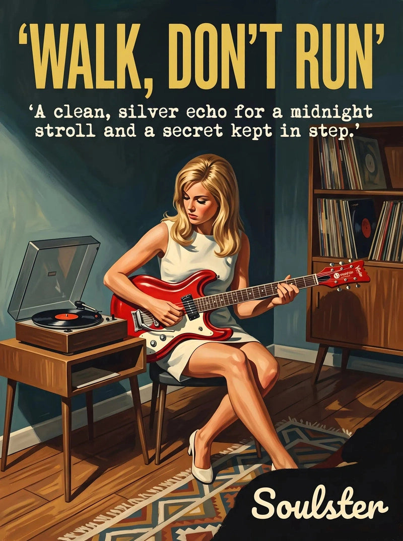 Cinematic pulp book cover style art print inspired by The Ventures - Walk, Don't Run typography design layout.