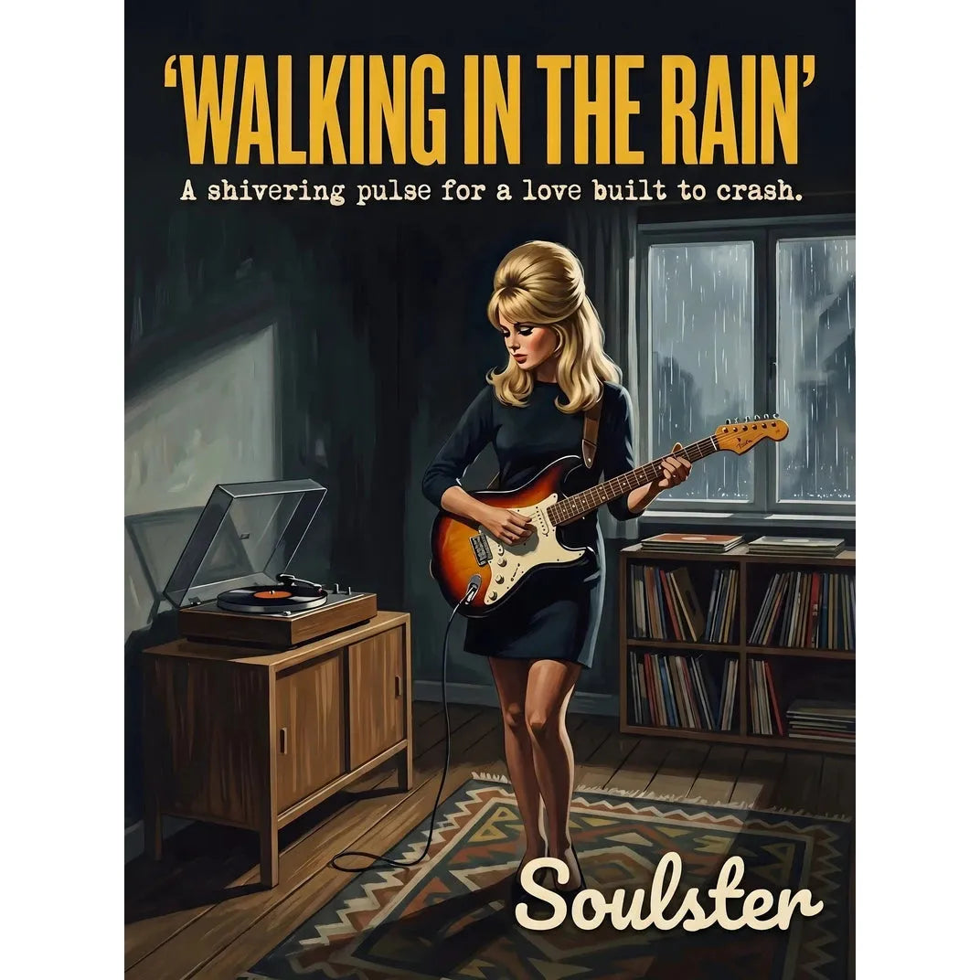 Cinematic pulp book cover style art print inspired by The Ronettes - Walking In The Rain typography design layout.
