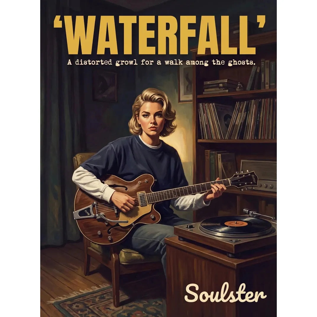 Cinematic pulp book cover style art print inspired by The Stone Roses - Waterfall typography design layout.