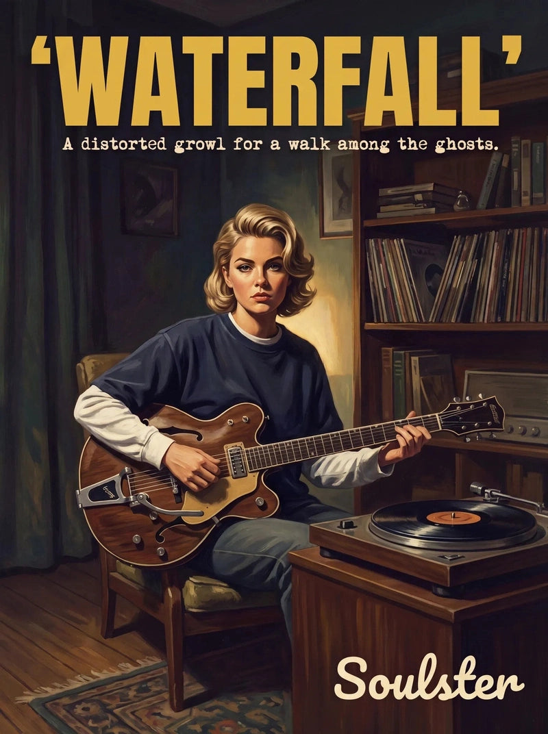Cinematic pulp book cover style art print inspired by The Stone Roses - Waterfall typography design layout.