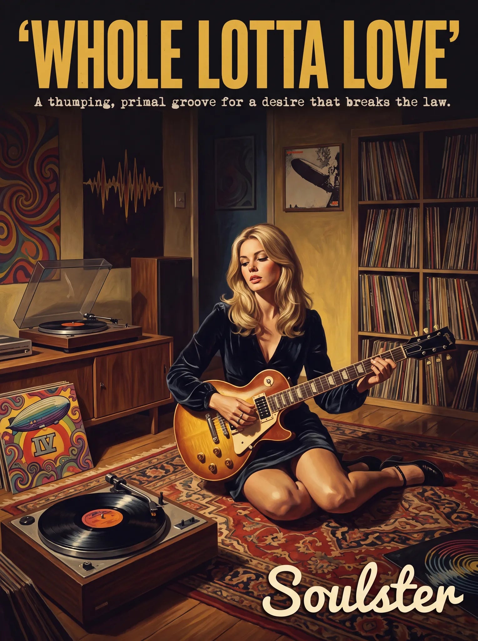 Cinematic pulp book cover style art print inspired by Led Zeppelin - Whole Lotta Love typography design layout.