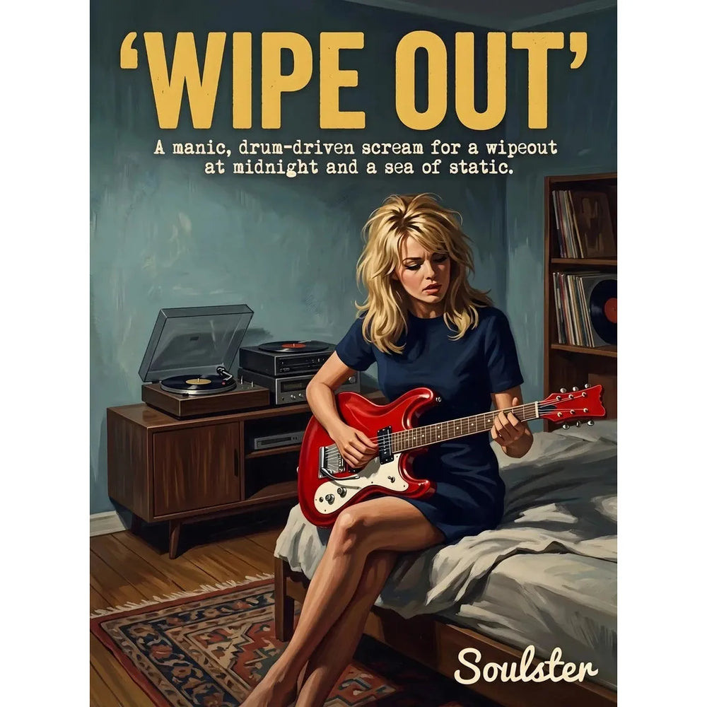 Cinematic pulp book cover style art print inspired by The Ventures - Wipe Out typography design layout.