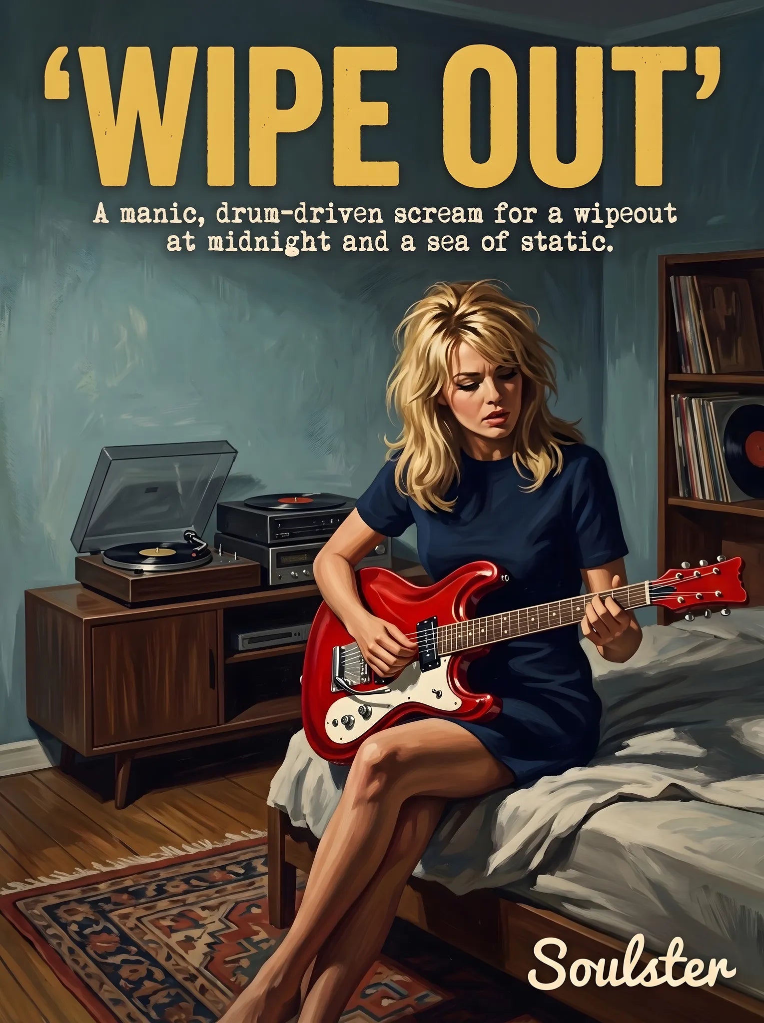 Cinematic pulp book cover style art print inspired by The Ventures - Wipe Out typography design layout.