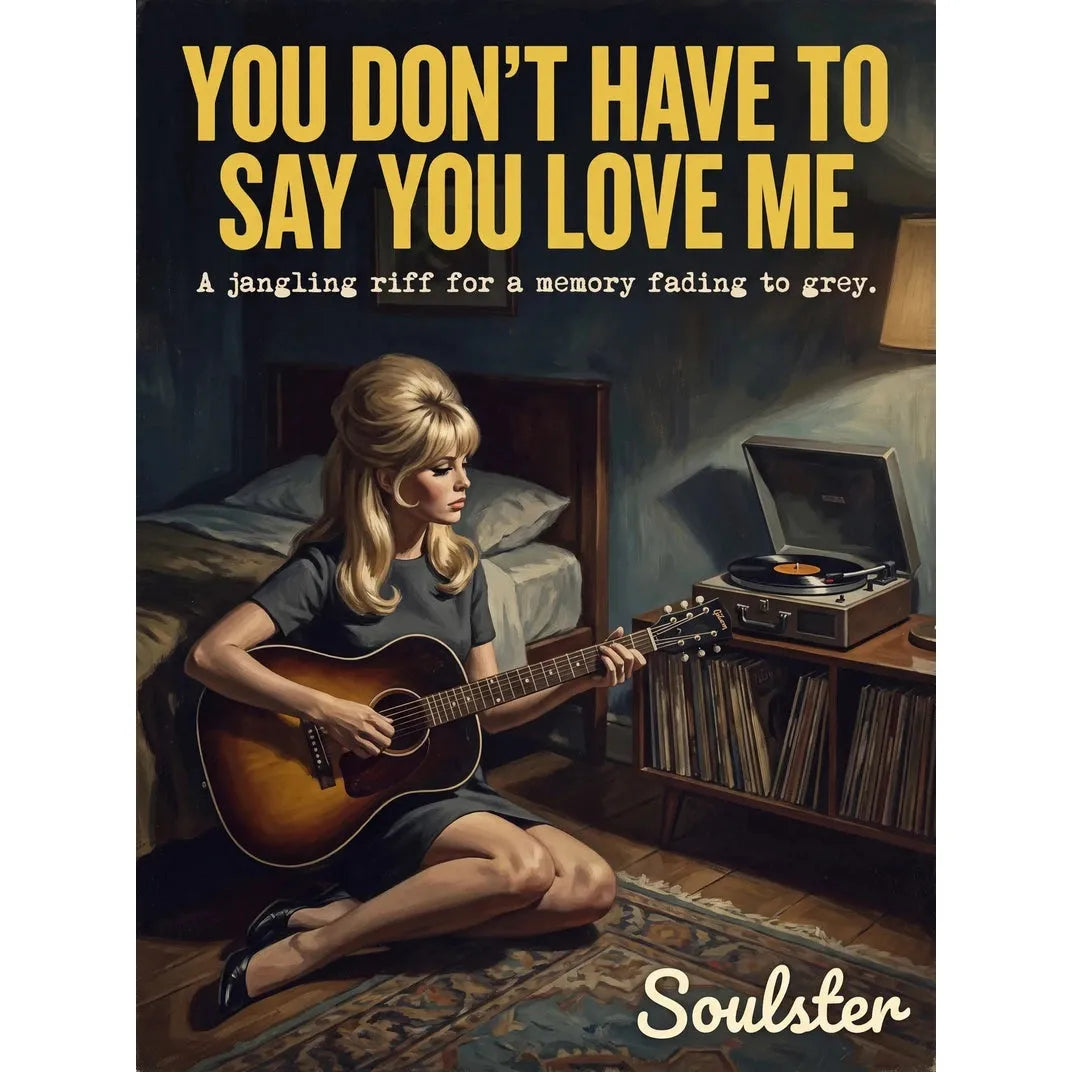 Cinematic pulp book cover style art print inspired by Dusty Springfield - You Don't Have To Say You Love Me typography design layout.