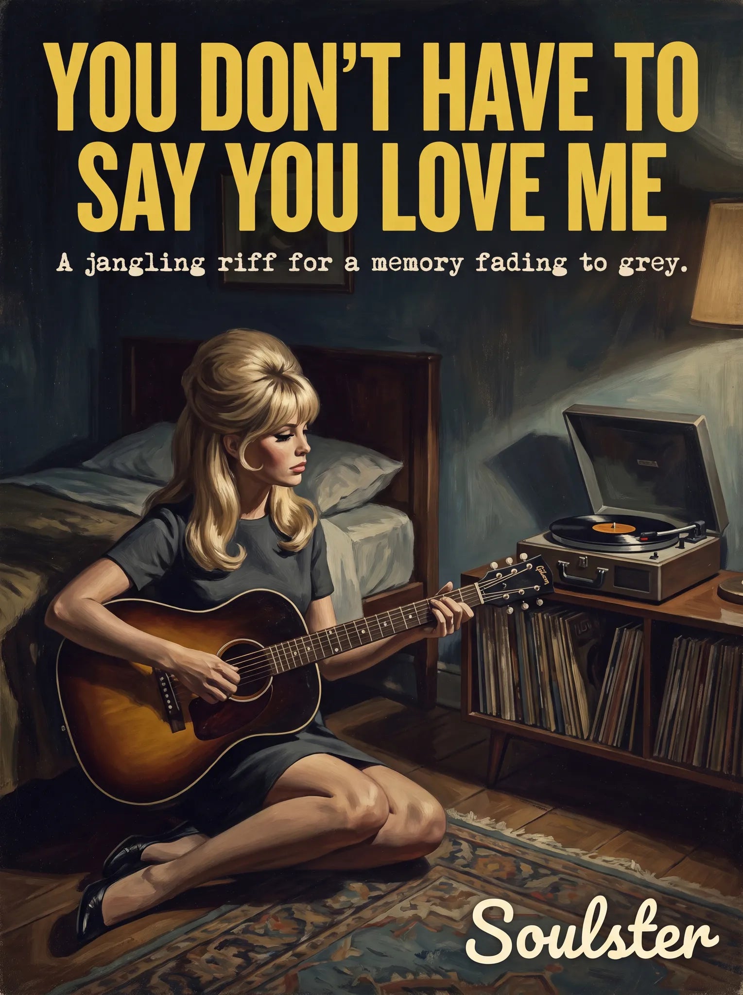 Cinematic pulp book cover style art print inspired by Dusty Springfield - You Don't Have To Say You Love Me typography design layout.