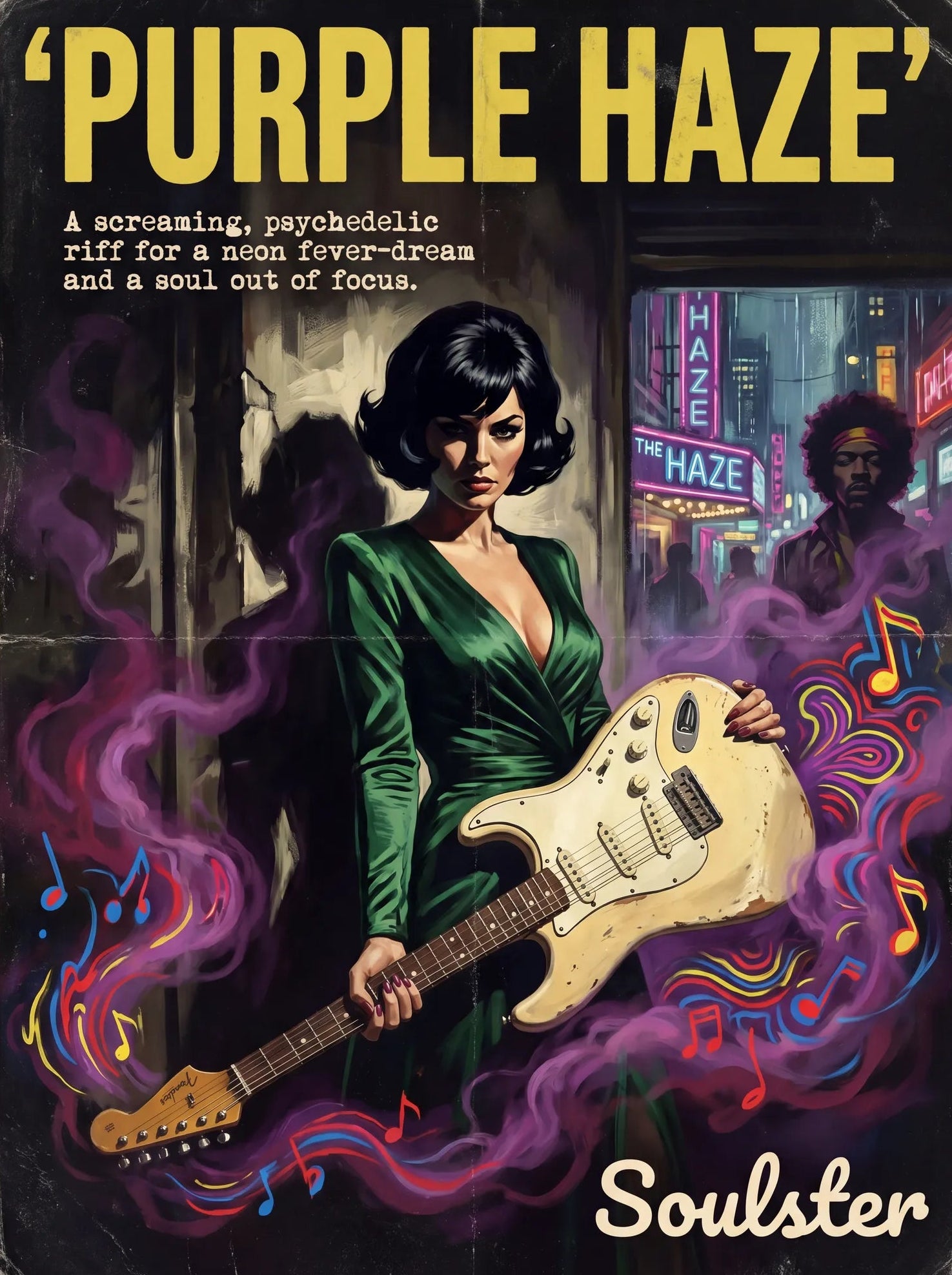 Soulster cinematic vintage pulp book cover art print illustration styled in a classic 1950s design layout inspired by Purple Haze.