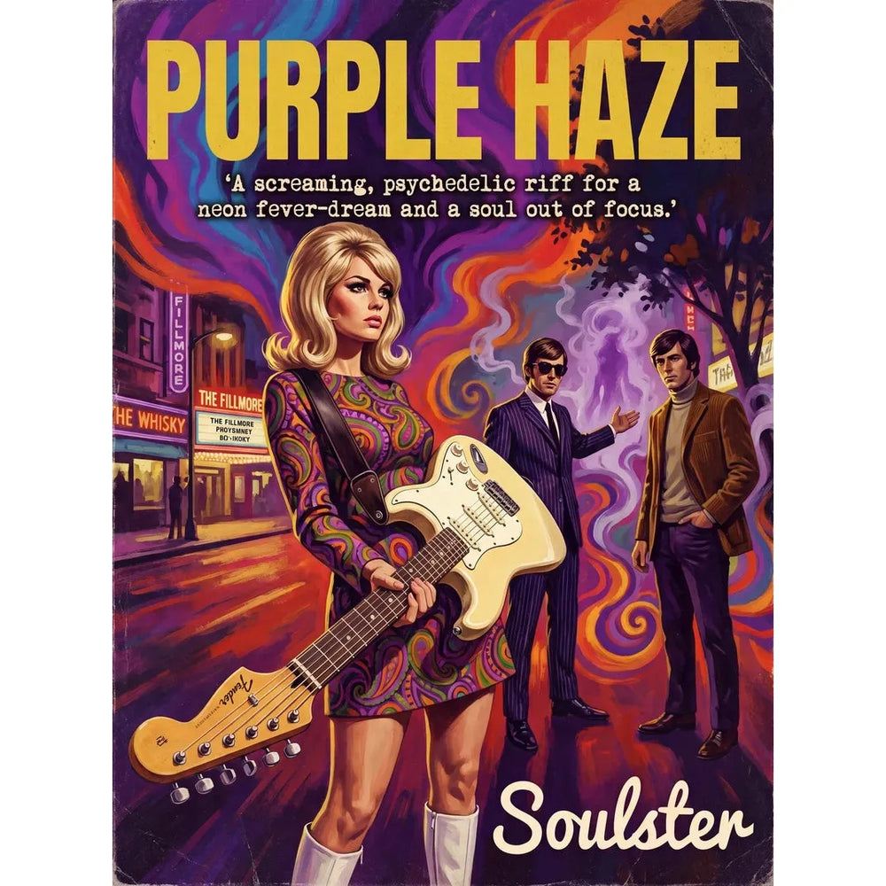 Soulster cinematic vintage pulp book cover art print illustration styled in a classic 1960s design layout inspired by Purple Haze.