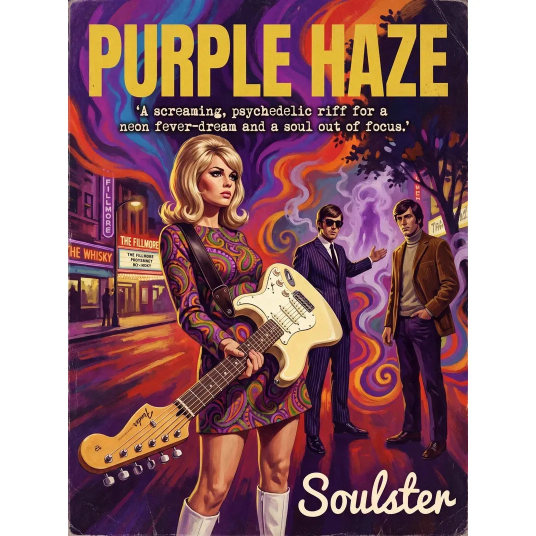 Soulster cinematic vintage pulp book cover art print illustration styled in a classic 1960s design layout inspired by Purple Haze.