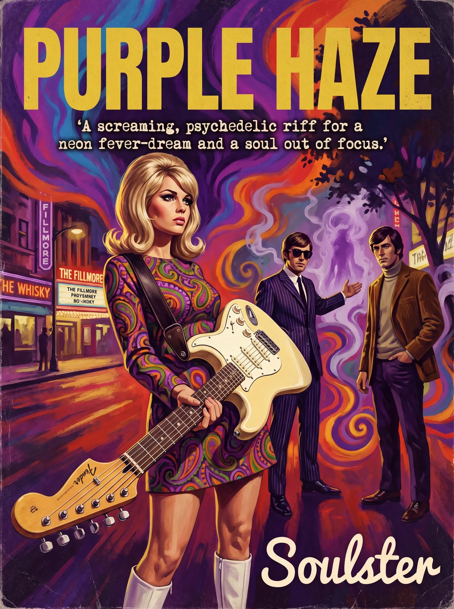 Soulster cinematic vintage pulp book cover art print illustration styled in a classic 1960s design layout inspired by Purple Haze.