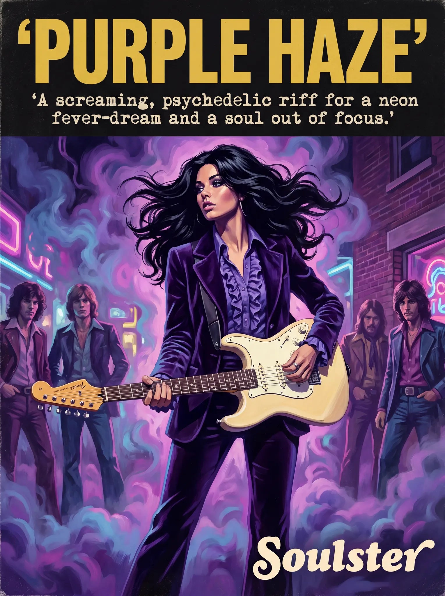 Soulster cinematic vintage pulp book cover art print illustration styled in a classic 1970s design layout inspired by Purple Haze.