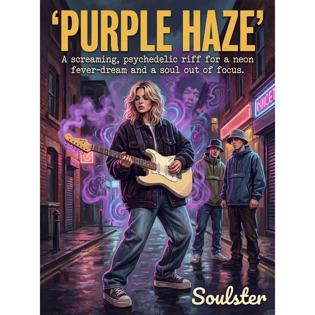 Soulster cinematic vintage pulp book cover art print illustration styled in a classic 1990s design layout inspired by Purple Haze.