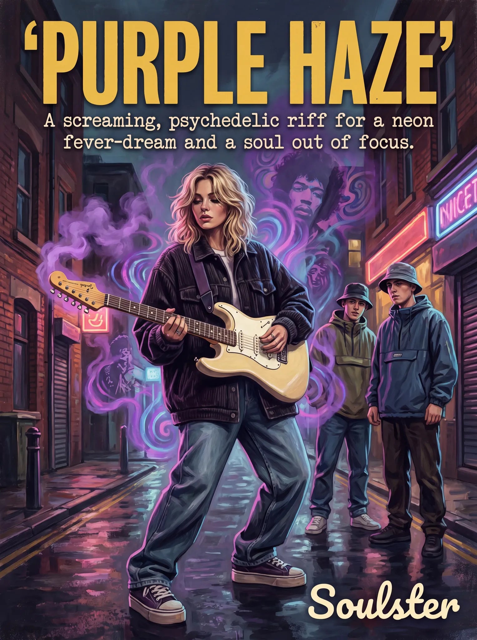 Soulster cinematic vintage pulp book cover art print illustration styled in a classic 1990s design layout inspired by Purple Haze.