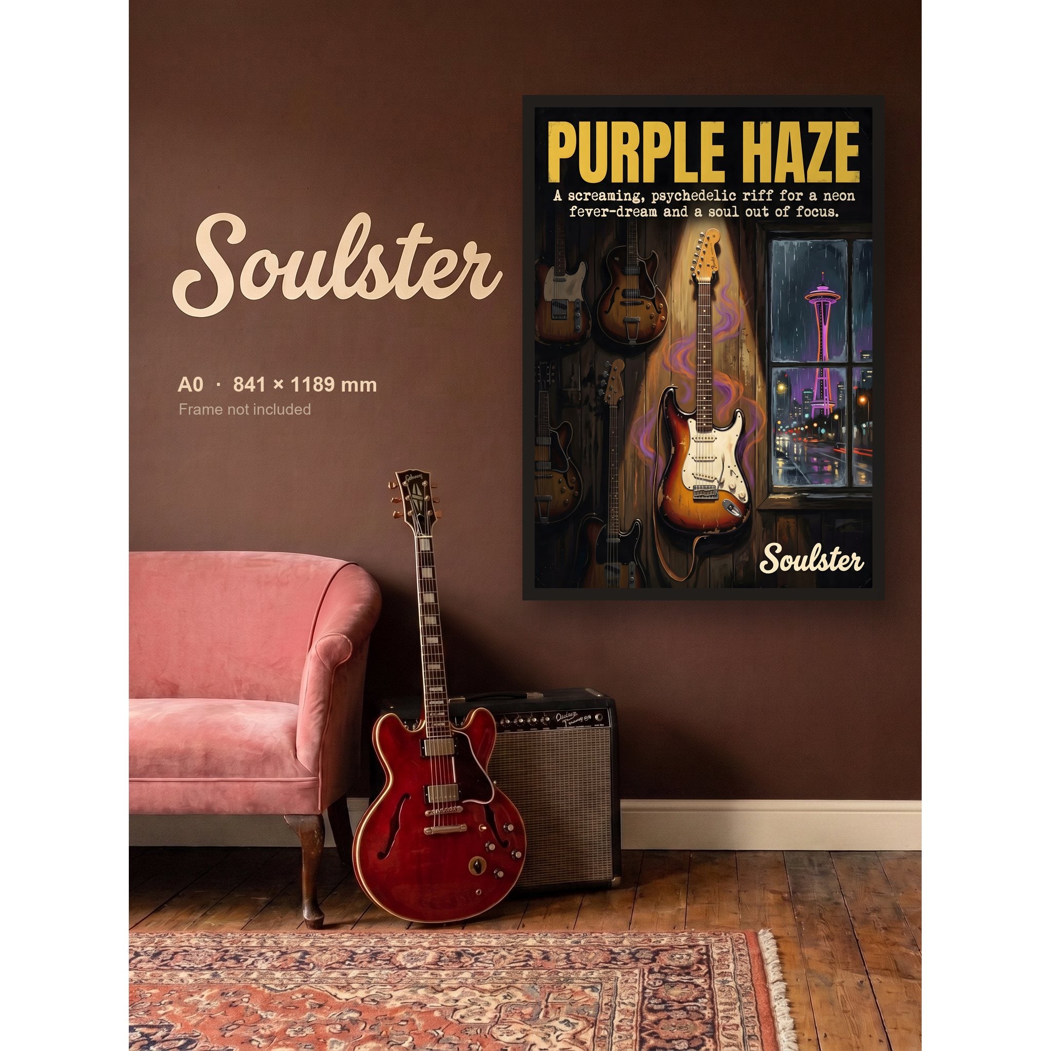Purple Haze - Seattle shown framed on a wall in A0 size. Frame not included.