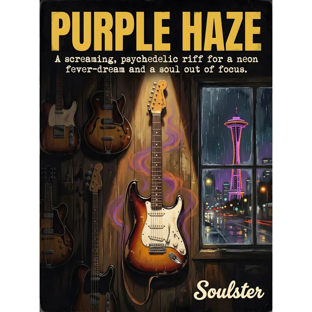 Soulster Manchester Edition wall art print showing a cinematic pulp style design of a Vintage Guitar inspired by Purple Haze - Seattle.