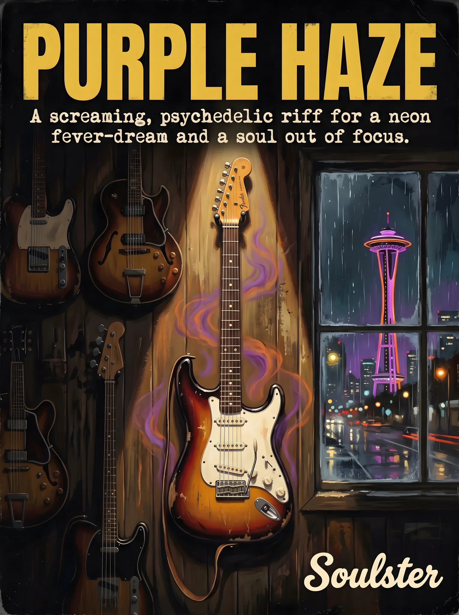 Soulster Manchester Edition wall art print showing a cinematic pulp style design of a Vintage Guitar inspired by Purple Haze - Seattle.