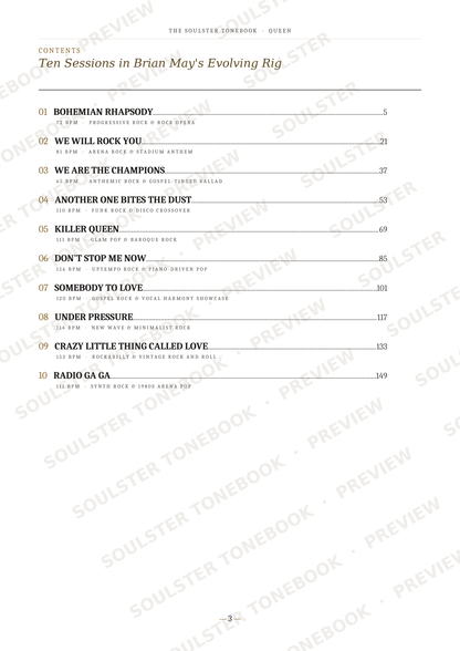 A preview page of a songlist or table of contents for 'Ten Sessions in Brian May's Evolving Rig' from The Soulster Jamboos, showing track titles and page numbers with a diagonal 'SOULSTER TONEBOOK PREVIEW' watermark.