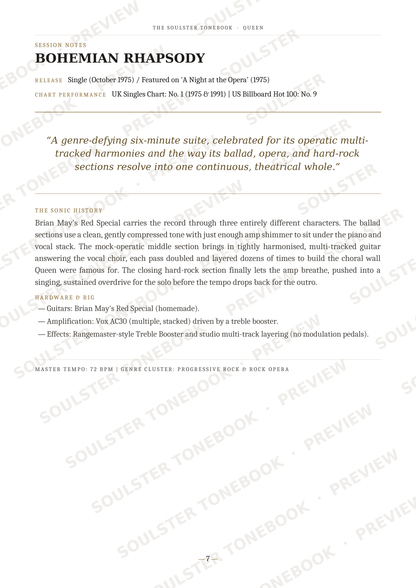 A printed page from a music publication featuring the song 'Bohemian Rhapsody' by Queen, with a quote, track history, and track listing details. The page has a white background with black text and diagonal watermark text across it.