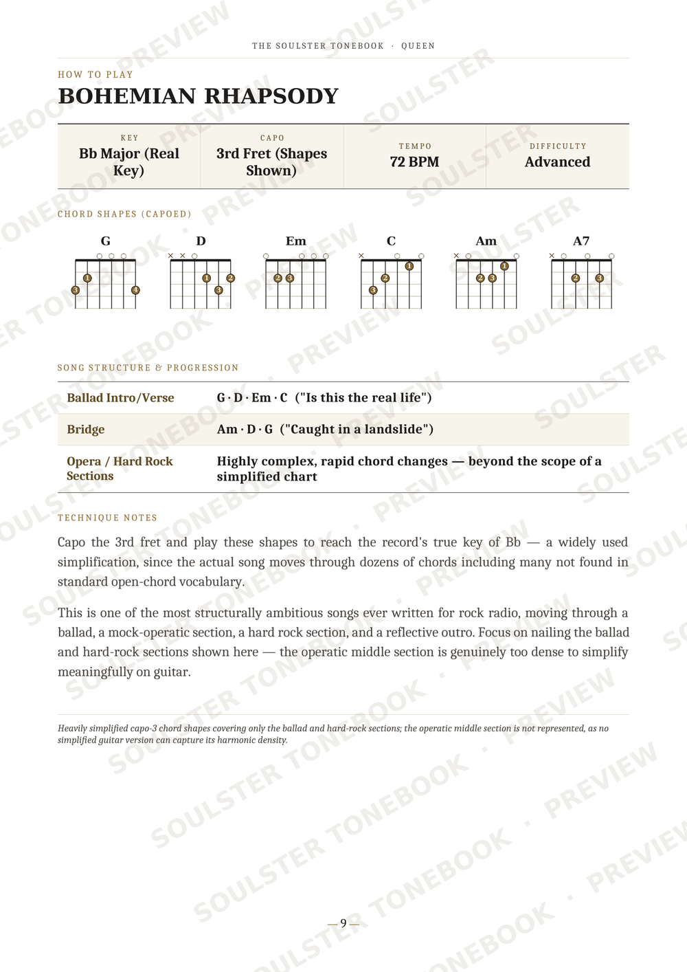 A guitar chord chart page for 'Bohemian Rhapsody' by Queen, showing chord diagrams for Bb, G, Em, C, Am, and A7, along with strumming patterns and song details.