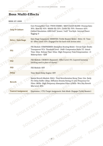 A printed specification sheet for the Boss Multi-Effects guitar effects processor, showing model BOSS GT-1000 details, with a table listing features and specs on a white page with a diagonal watermark.