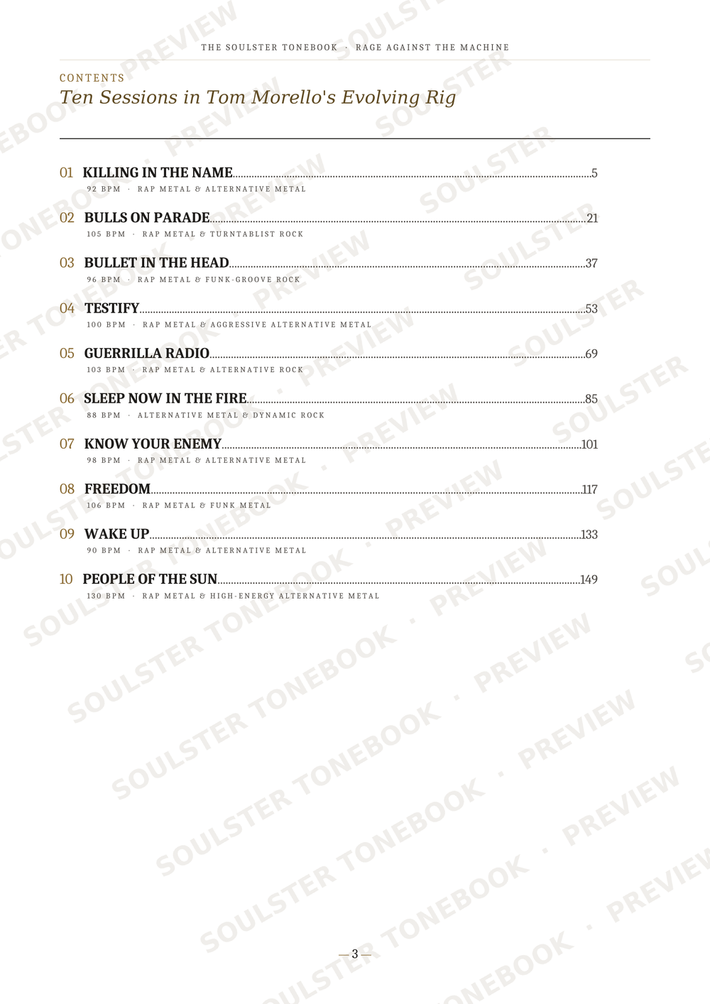A printed table of contents page from a music book or album booklet, titled 'Ten Sessions in Tom Morello's Evolving Rig,' with numbered track titles and page numbers on a white page. Repeated diagonal 'SOULSTER TONEBOOK PREVIEW' watermarks are visible across the page.