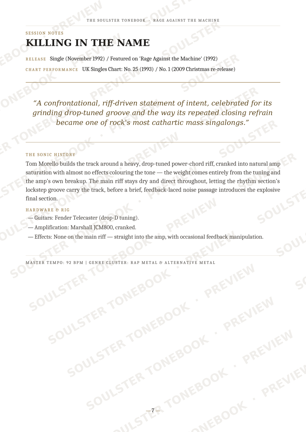 A printed page from a music publication featuring the song 'Killing in the Name' by Guns N' Roses, with song details, track history, and liner notes in black text on a white page, overlaid with diagonal 'SOULSTORE.COM PREVIEW' watermarks.
