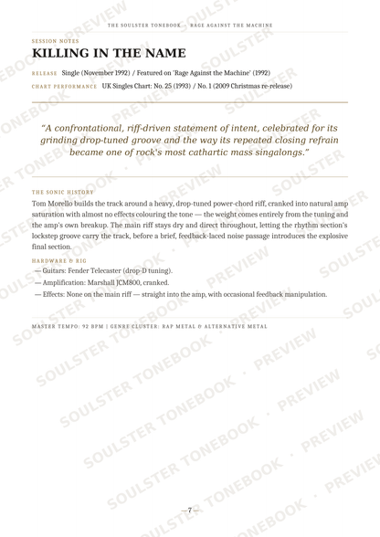 A printed page from a music publication featuring the song 'Killing in the Name' by Guns N' Roses, with song details, track history, and liner notes in black text on a white page, overlaid with diagonal 'SOULSTORE.COM PREVIEW' watermarks.