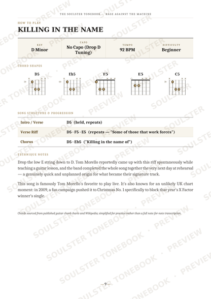 A printed sheet music page for the song 'Killing in the Name' by D Tom Morsley, showing chord charts for D minor, E minor, F major, and G major, along with verse and chorus lyrics and a brief history note.