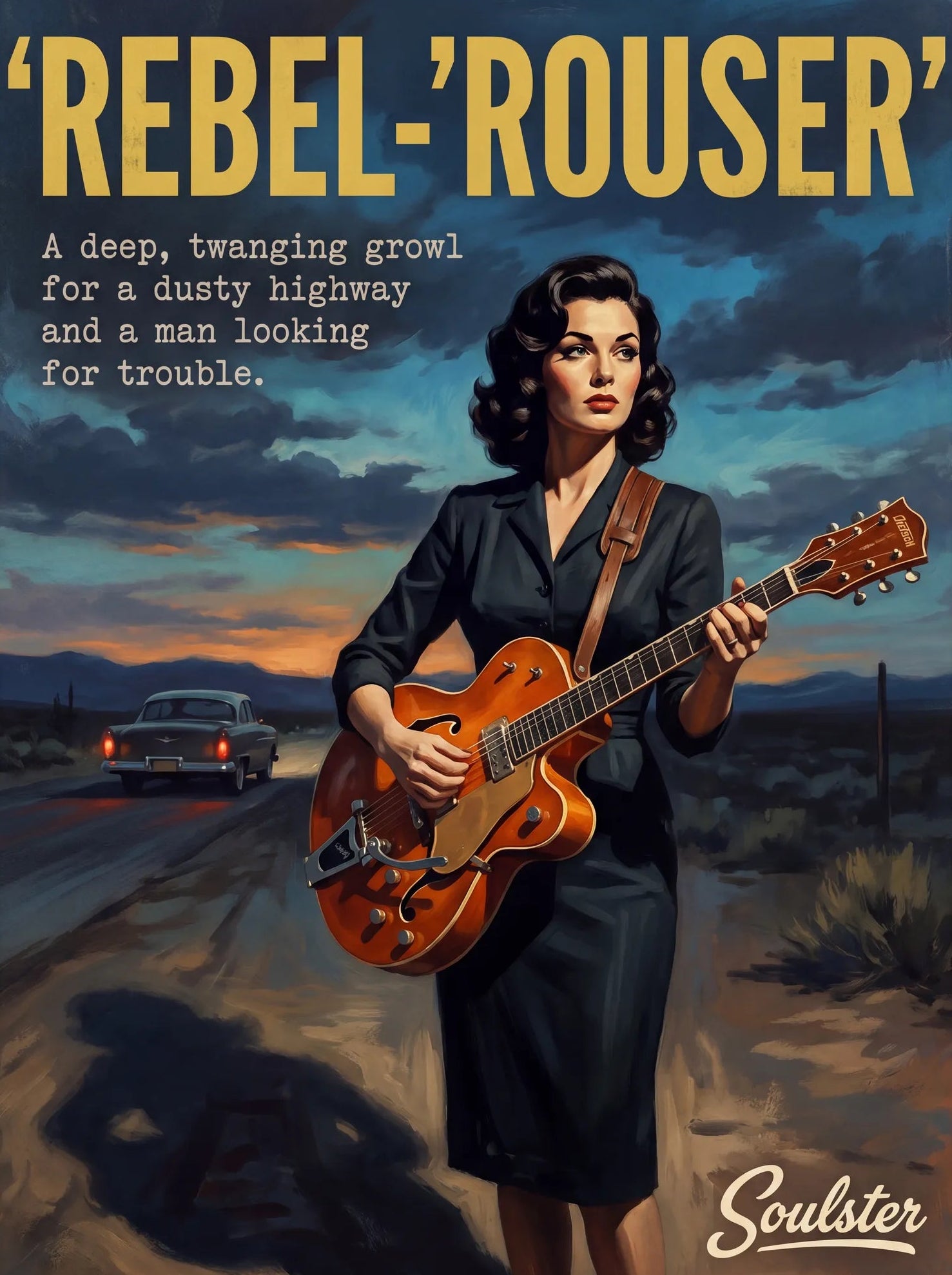 Soulster cinematic vintage pulp book cover art print illustration styled in a classic 1950s theme inspired by Rebel-'Rouser.