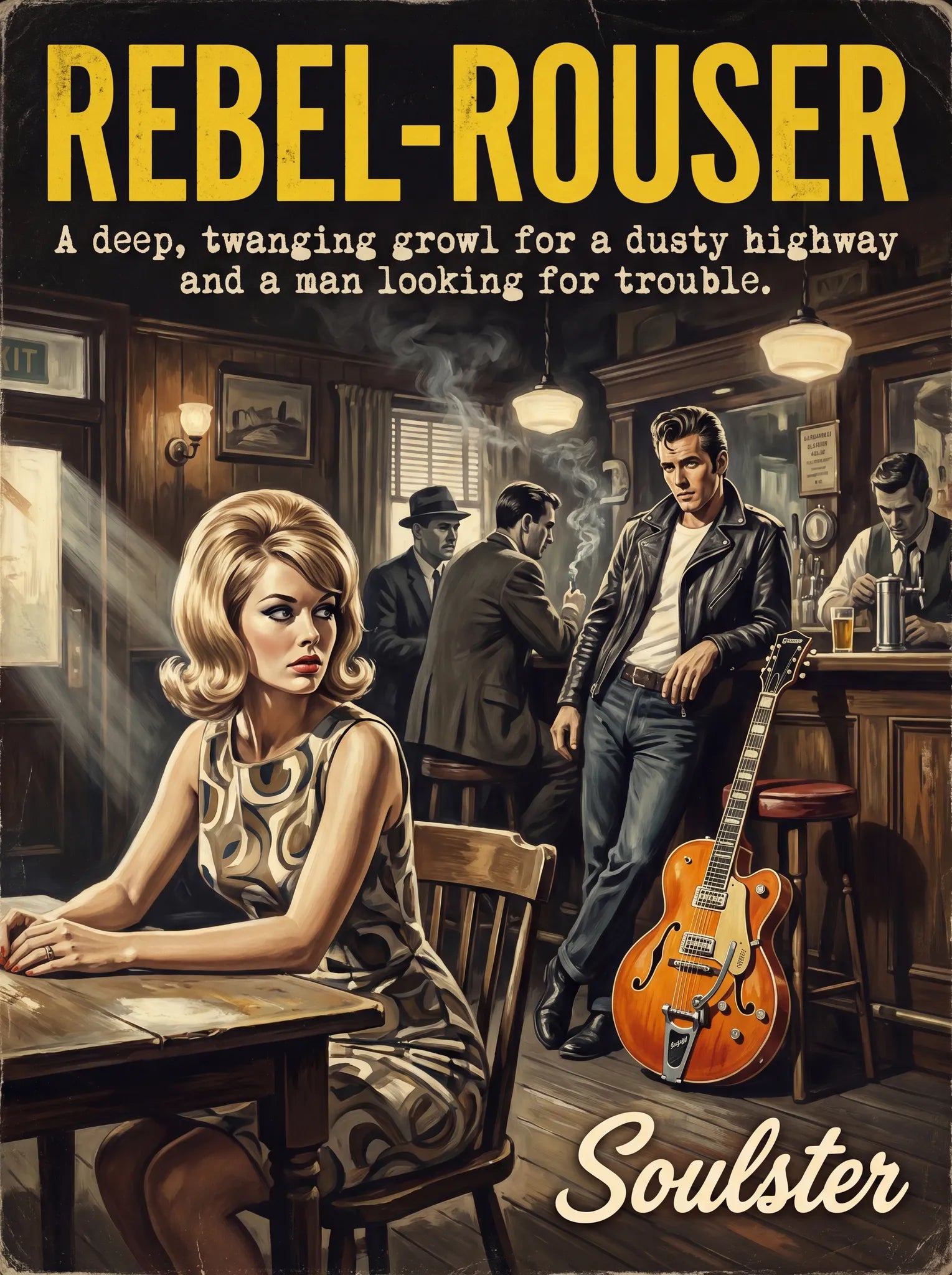 Soulster cinematic vintage pulp book cover art print illustration styled in a classic 1960s theme inspired by Rebel-'Rouser.