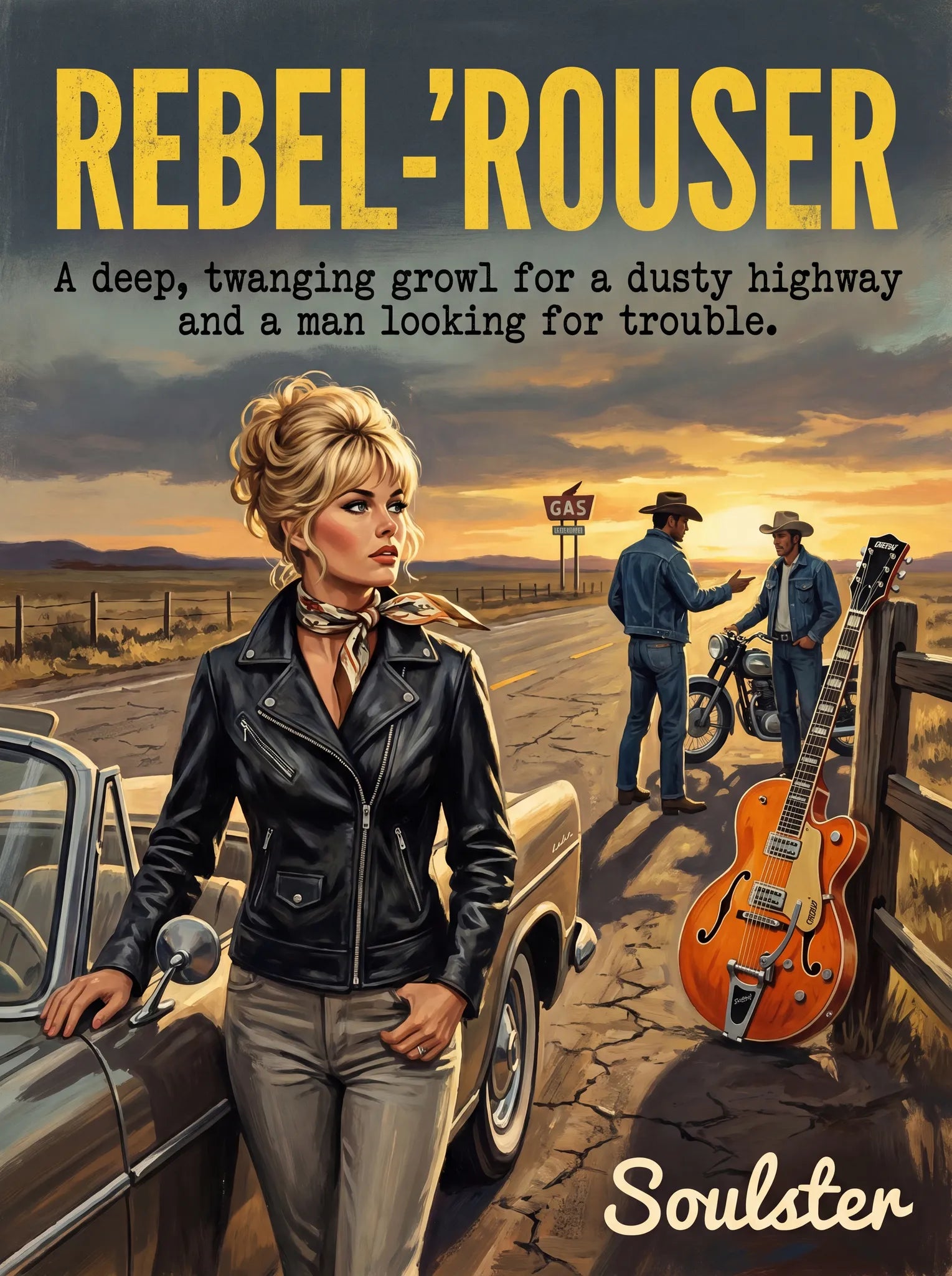 Soulster cinematic vintage pulp book cover art print illustration styled in a classic 1970s theme inspired by Rebel-'Rouser.