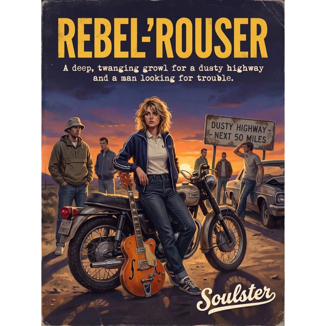 Soulster retro pulp thriller book cover style art print illustration inspired by Alternative Indie - Rebel-'Rouser.