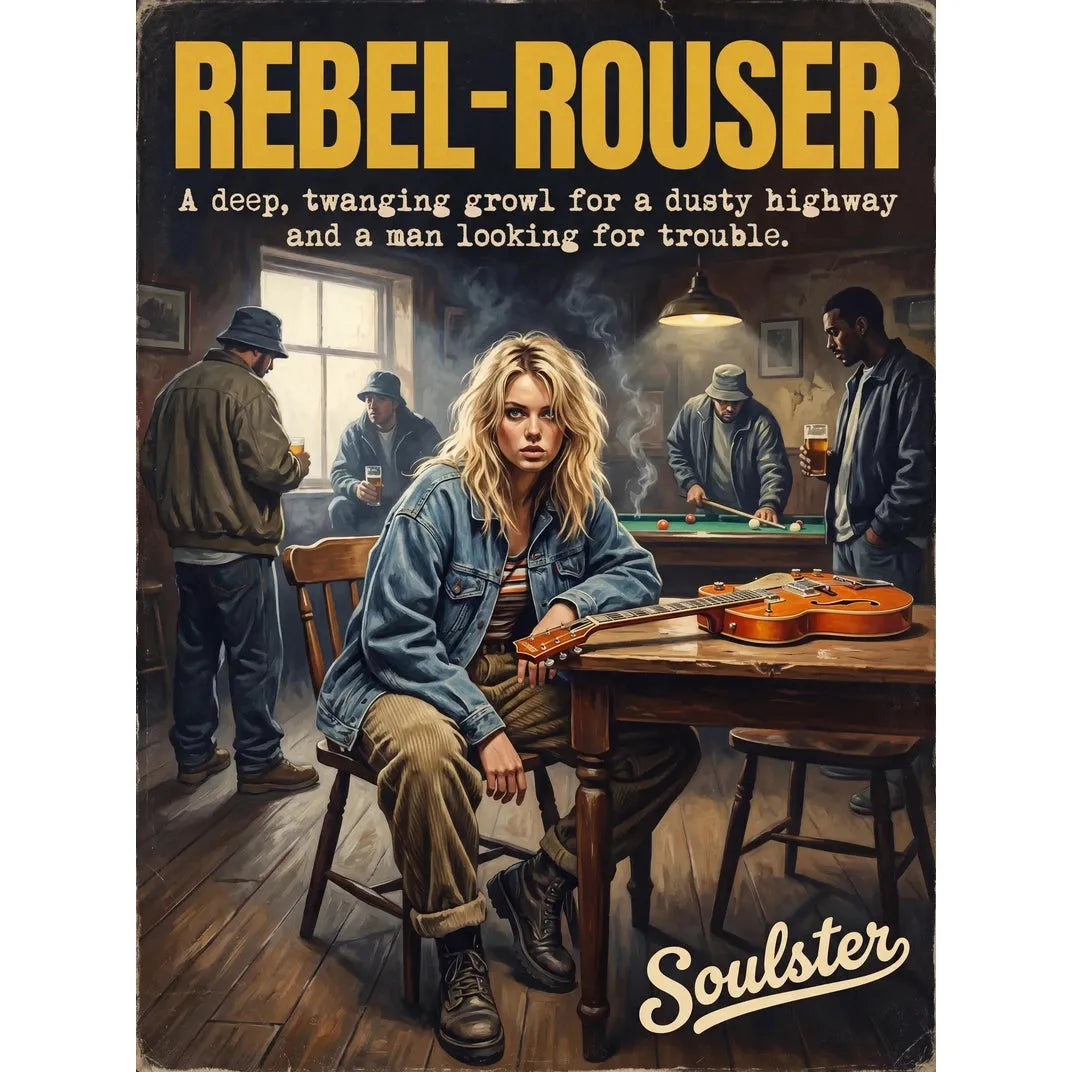 Soulster cinematic vintage pulp book cover art print illustration styled in a classic 1990s theme inspired by Rebel-'Rouser.
