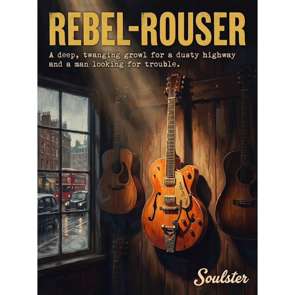 Soulster Manchester Edition wall art print showing a cinematic pulp style design of a Vintage Guitar inspired by Rebel-'rouser - London.