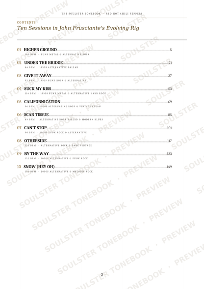 A printed table of contents page from a book titled "Ten Sessions in John Fruscianti's Evolving Rig" with numbered sections and page numbers, overlaid with repeated diagonal "SOULSTER TONEBOOK PREVIEW" watermarks.