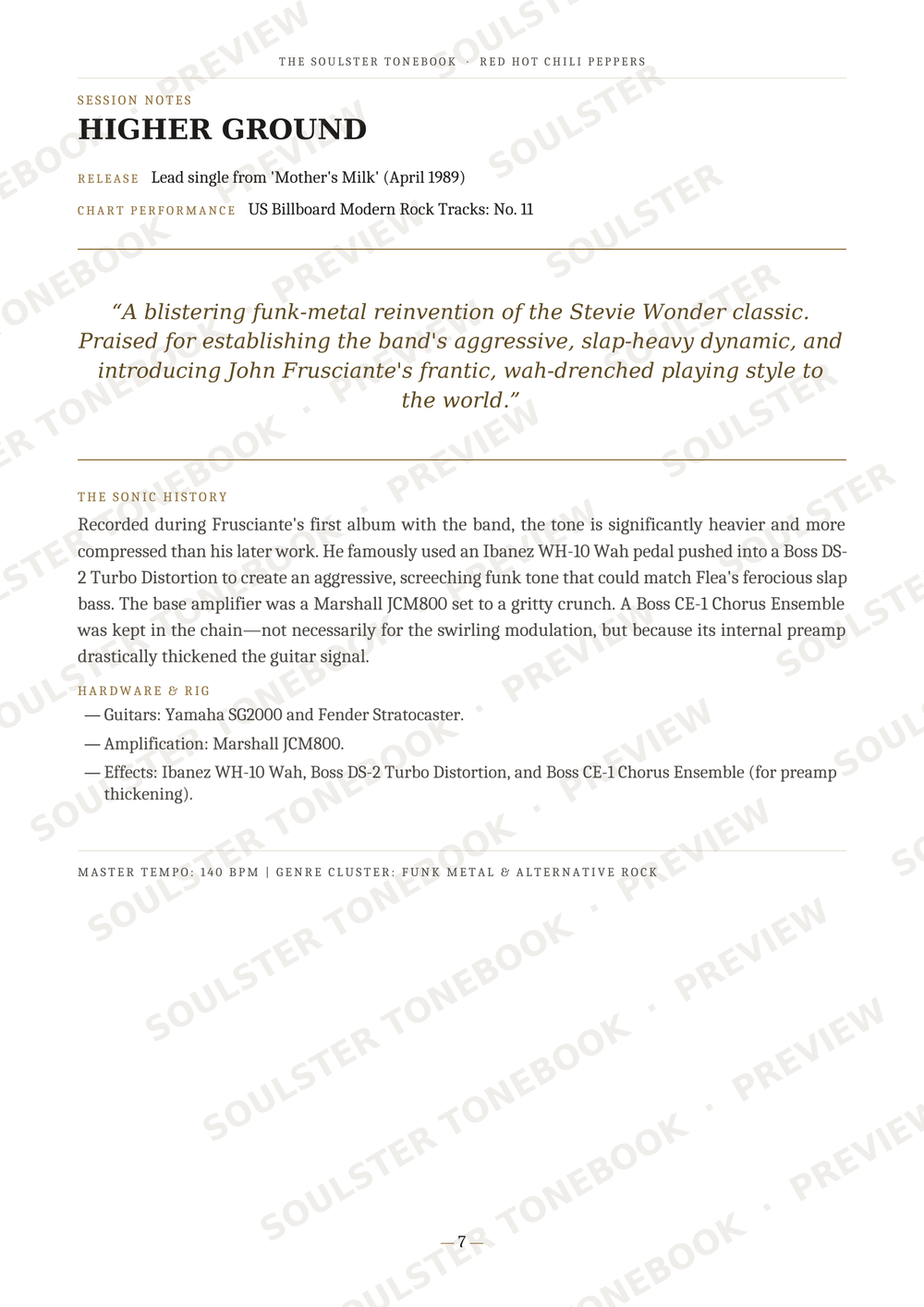 A printed page from a music publication featuring the track listing and review for 'Higher Ground' by Frantic Towns, with a quote and track history, shown on a white page with a diagonal watermark.
