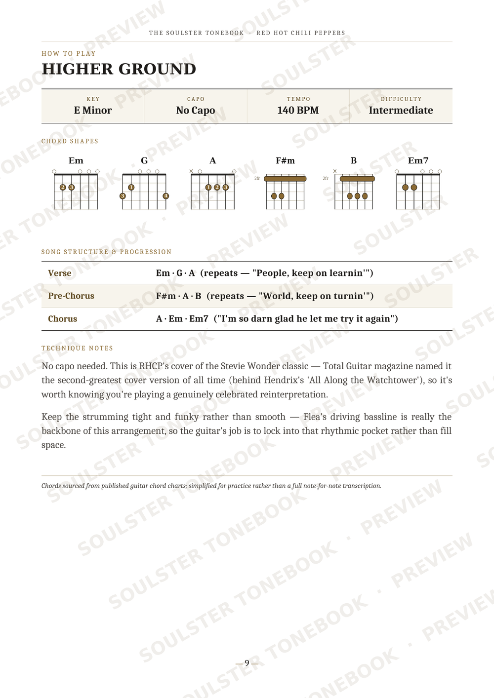 A guitar chord chart page titled 'Higher Ground' showing chord diagrams for E Minor, G, A, F#m, B, and Em7, with chord names, capo info, BPM, difficulty, verse/chorus/progression notes, and a short description of the song. The page has a white background with light gray text and diagonal watermark text across the image.