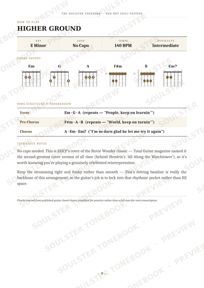 A guitar chord chart page titled 'Higher Ground' showing chord diagrams for E Minor, G, A, F#m, B, and Em7, with chord names, capo info, BPM, difficulty, verse/chorus/progression notes, and a short description of the song. The page has a white background with light gray text and diagonal watermark text across the image.