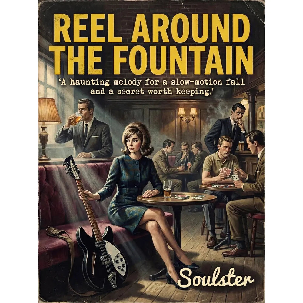 Soulster cinematic vintage pulp book cover art print illustration styled in a classic 1960s design layout inspired by Reel Around The Fountain.